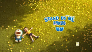 Boy and robot lying on grass with falling leaves — Doraemon 3d Wallpaper