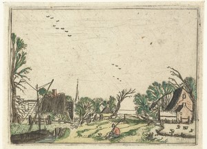 Dorp by Esaias van de Velde, created 1614, in paper; etching; hand coloring. Download this artwork as a high-resolution wallpaper for desktop, tablet, or mobile — Esaias van de Velde Wallpaper