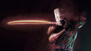 Masked warrior drawing glowing sword in dark smoky environment