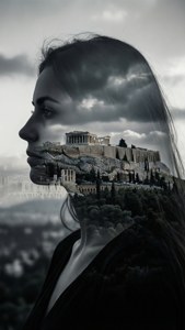 Taiteellinen kaksoisvalotus naisen profiilista sekoitettuna Akropolis-raunioihin.