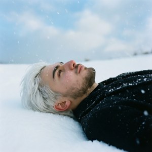 Douma liggend in de sneeuw, vredige uitdrukking onder een blauwe lucht.