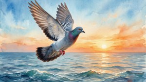 Une colombe à l'aquarelle volant au-dessus d'une mer calme au coucher du soleil pour un fond d'écran rêveur.
