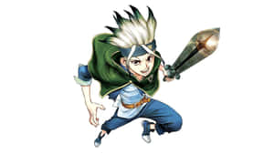 Anime warrior with white hair and green cloak lunges with glowing sword. — Dr Stone Background