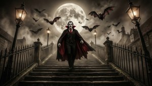 Adegan gotik menyeramkan dari Dracula yang tiba di 199 anak tangga Whitby di bawah bulan purnama