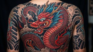 Un tatouage traditionnel japonais de dragon couvrant tout le dos avec des couleurs vives.