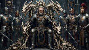 Arthur Leywin på en trone av dragebein omgitt av riddere
