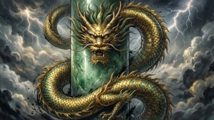 Naga Qing epik melingkar di sekitar pilar giok, wallpaper lukisan tinta tradisional