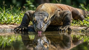 Um dragão-de-komodo bebendo de uma poça, refletindo-se na água.