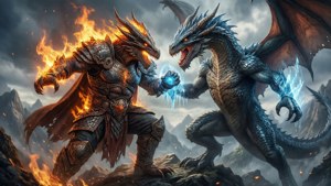 Anti-mage kæmper mod en drage på et bjerg.