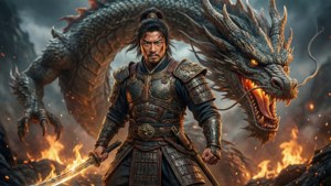 Hang Tuah står over for en kæmpe drage i episk fantasy-stil.