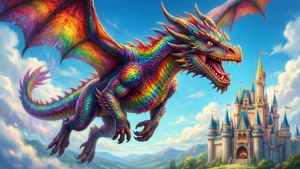 True rides a rainbow dragon flying over the Rainbow Kingdom castle.