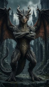 Acnologia humanóide em ruínas de castelo gótico.