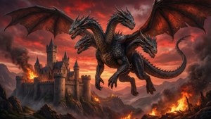 Three-headed dragon flying over castle in blood-red sky. — House Targaryen Picture