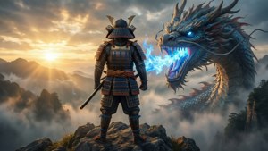Un samouraï solitaire fait face à un dragon cracheur de feu au sommet d'une montagne brumeuse à l'aube.
