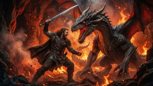 Turín Turambar lucha contra un gran dragón en una cueva ardiente con Gurthang, acción intensa y fondo de pantalla de fantasía épica.