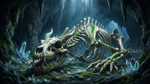 Fond d'écran inquiétant d'un squelette de dragon dans une grotte lumineuse