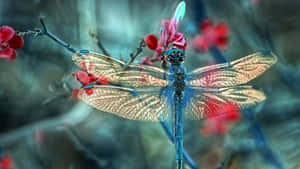 A blue dragonfly rests on a branch with red flowers in a soft-focus natural scene. — Flowers And Butterflies Background