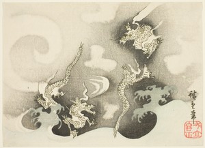 Dragons Among Clouds by Utagawa Hiroshige, created 1844, in Color woodblock print; surimono. Download this artwork as a high-resolution wallpaper for desktop, t — Utagawa Hiroshige Wallpaper