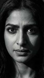 Fantastisk monokrom närbild av Rani Mukerji med dramatisk belysning.