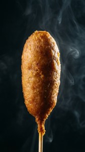 Et dramatisk, røgfyldt billede af en corn dog, der står alene i mørket.
