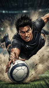 Tendo Satori sukeltaa pallon perään dramaattisessa sarjakuvatyylisessä asennossa.