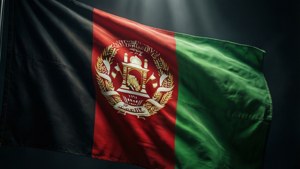 Dramatic draped flag with spotlight on emblem