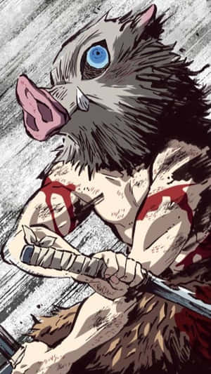 Fierce boar-headed demon warrior with blue eye gripping a bloodied sword. — Inosuke Pfp Picture