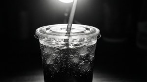 Scatto drammatico in bianco e nero di un bicchiere di soda con coperchio e bollicine.