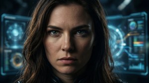 A determined woman in a high-tech environment with glowing blue holographic interfaces behind her. — Lexa Doig Picture