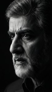 A high contrast black and white side profile of Amitabh Bachchan with dramatic shadows.