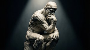 Rodin's The Thinker illuminated by a dramatic spotlight with deep shadows