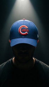 An artistic wallpaper of a Cubs cap with dramatic lighting.