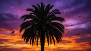 Una silhouette drammatica di una palma al tramonto.