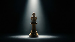En schackkungspjäs upplyst av en spotlight i mörkret.