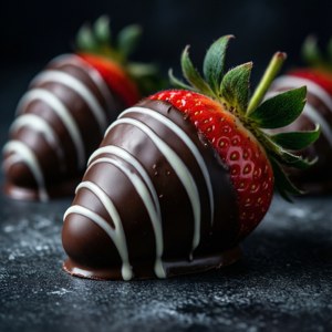 Fondo oscuro y dramático con fresas bañadas en chocolate blanco.