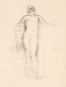 Draped Model, Standing by James McNeill Whistler, created 1893, printed posthumously, in Lithograph, in black ink, with stumping, on cream laid paper. Download — Illustration Background