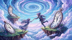 Surrealistische droom met zwevende eilanden en tijdlus-symboliek