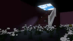 A staircase with white flowers leading upward to a skylight showing blue sky and clouds. — Dreamcore Background