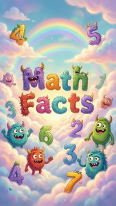 Papier peint pastel doux avec les monstres numériques de Meet the Math Facts flottant parmi les nuages et les arcs-en-ciel