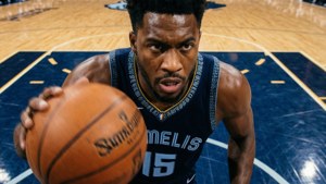 Fond d'écran dynamique en gros plan d'un joueur des Grizzlies dribblant avec flou de mouvement.