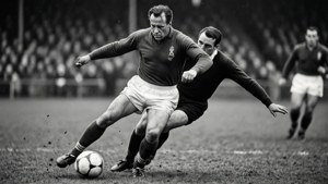 Stanley Matthews i aksjon, som viser sine legendariske dribleferdigheter i en vintage svart-hvitt scene.