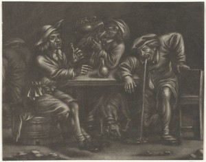Drie dronkaards by Jan van Somer, created 1655 - 1700, in paper; mezzotint. Download this artwork as a high-resolution wallpaper for desktop, tablet, or mobile. — Jan van Somer Wallpaper
