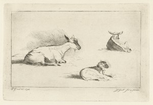 Drie geitjes by Jacobus Cornelis Gaal, created 1860, in paper; etching. Download this artwork as a high-resolution wallpaper for desktop, tablet, or mobile. — Jacobus Cornelis Gaal Wallpaper