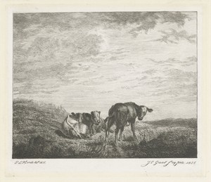 Drie kalveren by Jacobus Cornelis Gaal, created 1856, in paper; chine collé; etching. Download this artwork as a high-resolution wallpaper for desktop, tablet, — Jacobus Cornelis Gaal Wallpaper