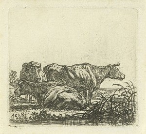 Drie koeien by Aelbert Cuyp, created 1630 - 1691, in paper; etching. Download this artwork as a high-resolution wallpaper for desktop, tablet, or mobile.