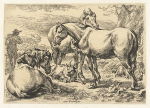 Drie paarden by Nicolaes Pietersz Berchem, created 1677 - 1682, in paper; etching. Download this artwork as a high-resolution wallpaper for desktop, tablet, or — Nicolaes Pietersz Berchem Wallpaper