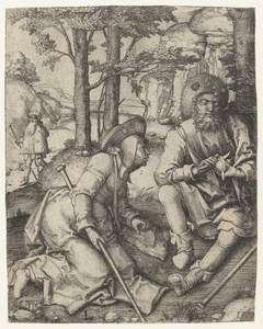 Drie pelgrims by Lucas van Leyden, created 1506 - 1510, in paper; engraving. Download this artwork as a high-resolution wallpaper for desktop, tablet, or mobile — Art Picture
