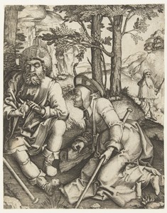 Drie pelgrims by Marcantonio Raimondi, created 1506 - 1534, in paper; engraving. Download this artwork as a high-resolution wallpaper for desktop, tablet, or mo — Art Picture