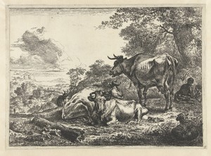 Drie rustende koeien by Nicolaes Pietersz Berchem, created 1646 - 1652, in paper; etching. Download this artwork as a high-resolution wallpaper for desktop, tab — Nicolaes Pietersz Berchem Wallpaper