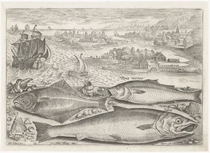 Drie vissen op het strand by Adriaen Collaert, created 1627 - 1636, in paper; engraving. Download this artwork as a high-resolution wallpaper for desktop, table — Adriaen Collaert Wallpaper